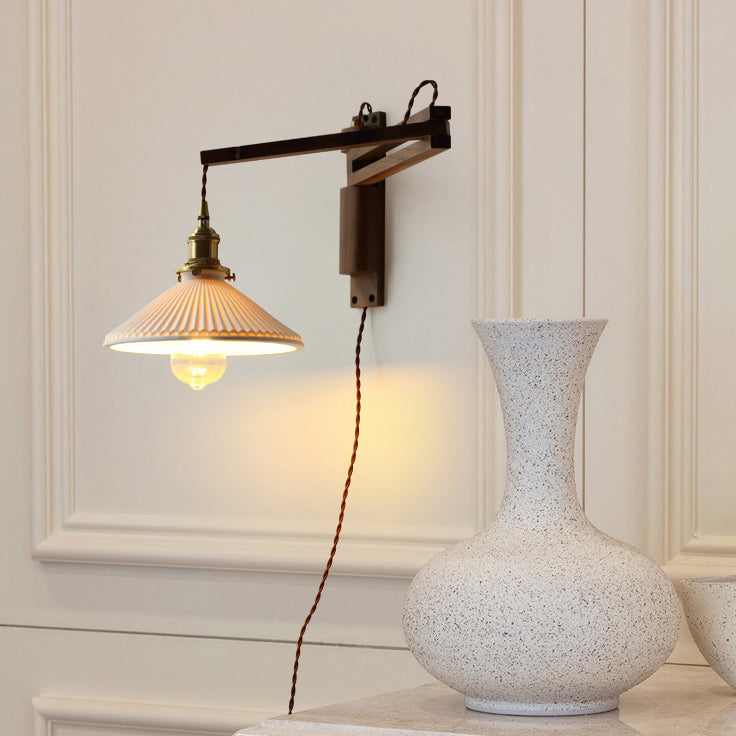 Conical Walnut Ash Wood Brass 1-Light Wall Sconce Lamp
