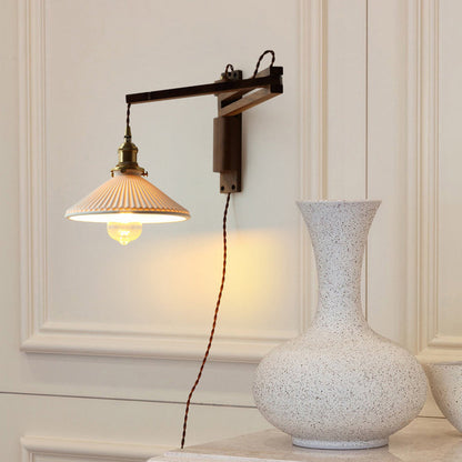 Conical Walnut Ash Wood Brass 1-Light Wall Sconce Lamp