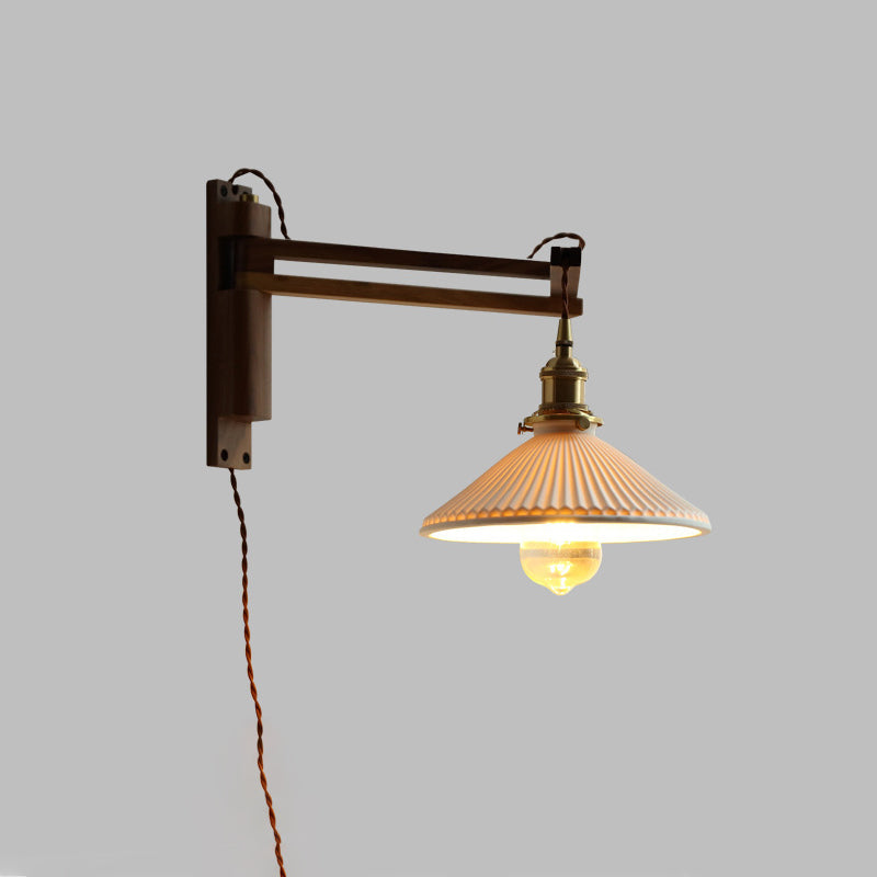 Conical Walnut Ash Wood Brass 1-Light Wall Sconce Lamp
