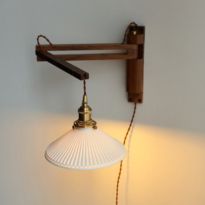 Conical Walnut Ash Wood Brass 1-Light Wall Sconce Lamp
