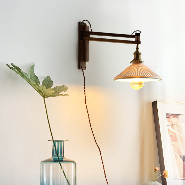 Conical Walnut Ash Wood Brass 1-Light Wall Sconce Lamp