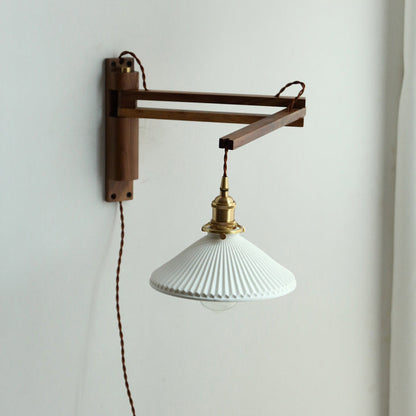 Conical Walnut Ash Wood Brass 1-Light Wall Sconce Lamp