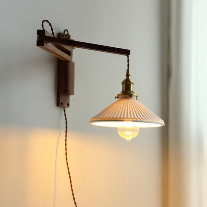 Conical Walnut Ash Wood Brass 1-Light Wall Sconce Lamp