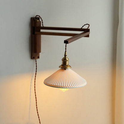 Conical Walnut Ash Wood Brass 1-Light Wall Sconce Lamp
