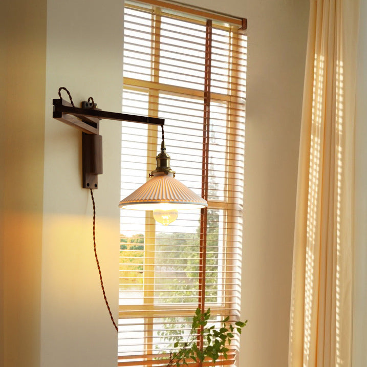 Conical Walnut Ash Wood Brass 1-Light Wall Sconce Lamp