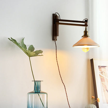 Conical Walnut Ash Wood Brass 1-Light Wall Sconce Lamp