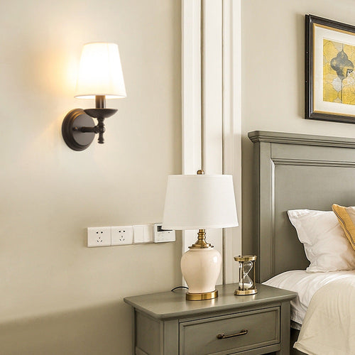 Traditional Rustic Round Cylinder Fabric Iron 1-Light Wall Sconce Lamp For Bedroom