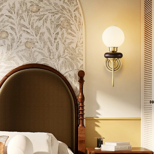 French Glass Walnut Wood Brass 1-Light Wall Sconce Lamp