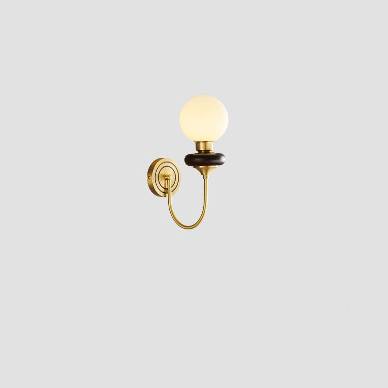 French Glass Walnut Wood Brass 1-Light Wall Sconce Lamp