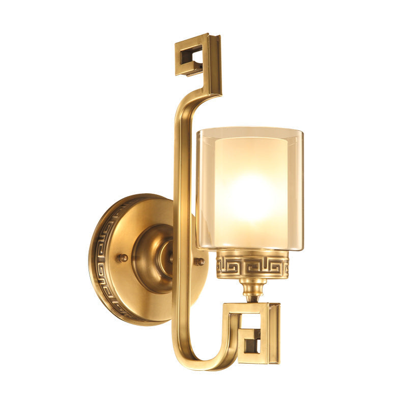 Chinese Curved Glass Brass 1-Light Wall Sconce Lamp