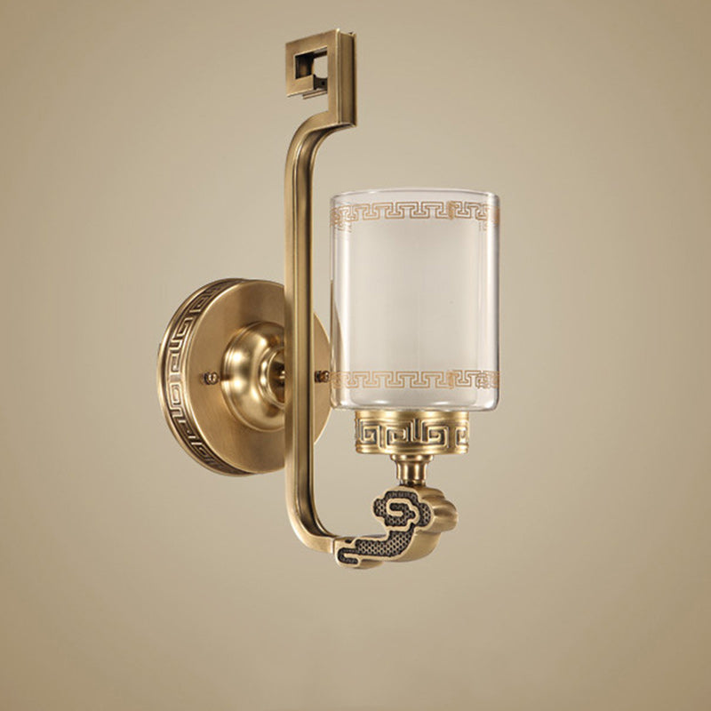 Chinese Curved Glass Brass 1-Light Wall Sconce Lamp