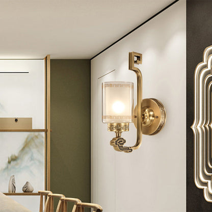 Chinese Curved Glass Brass 1-Light Wall Sconce Lamp