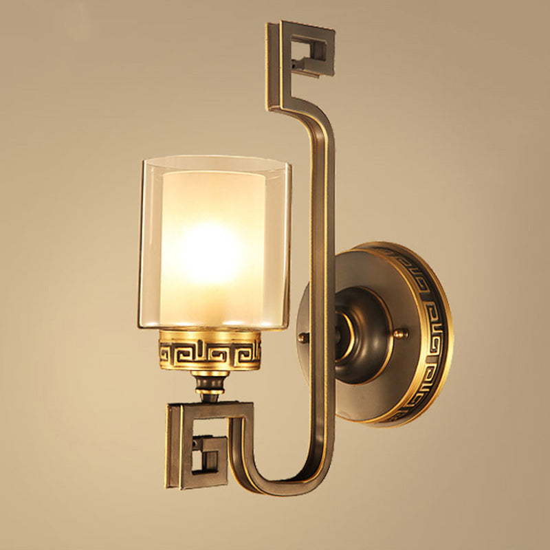 Chinese Curved Glass Brass 1-Light Wall Sconce Lamp