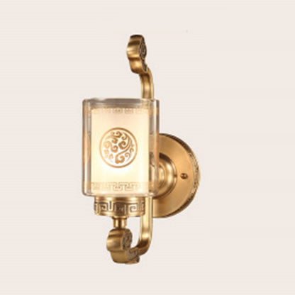 Chinese Curved Glass Brass 1-Light Wall Sconce Lamp
