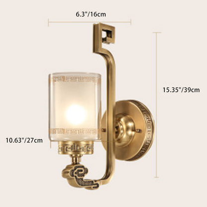 Chinese Curved Glass Brass 1-Light Wall Sconce Lamp