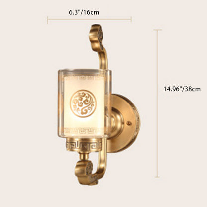 Chinese Curved Glass Brass 1-Light Wall Sconce Lamp