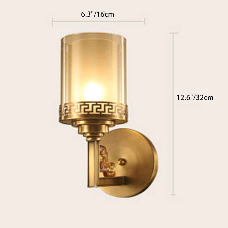 Chinese Curved Glass Brass 1-Light Wall Sconce Lamp