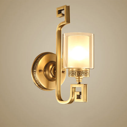 Chinese Curved Glass Brass 1-Light Wall Sconce Lamp