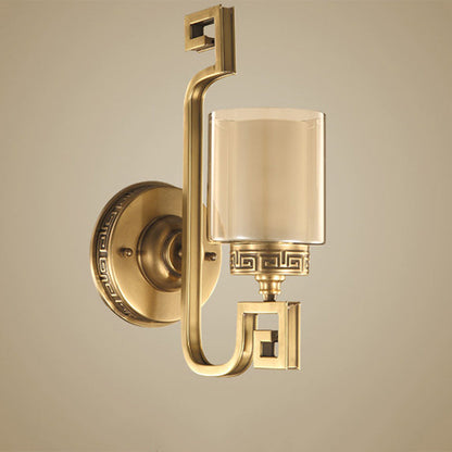 Chinese Curved Glass Brass 1-Light Wall Sconce Lamp