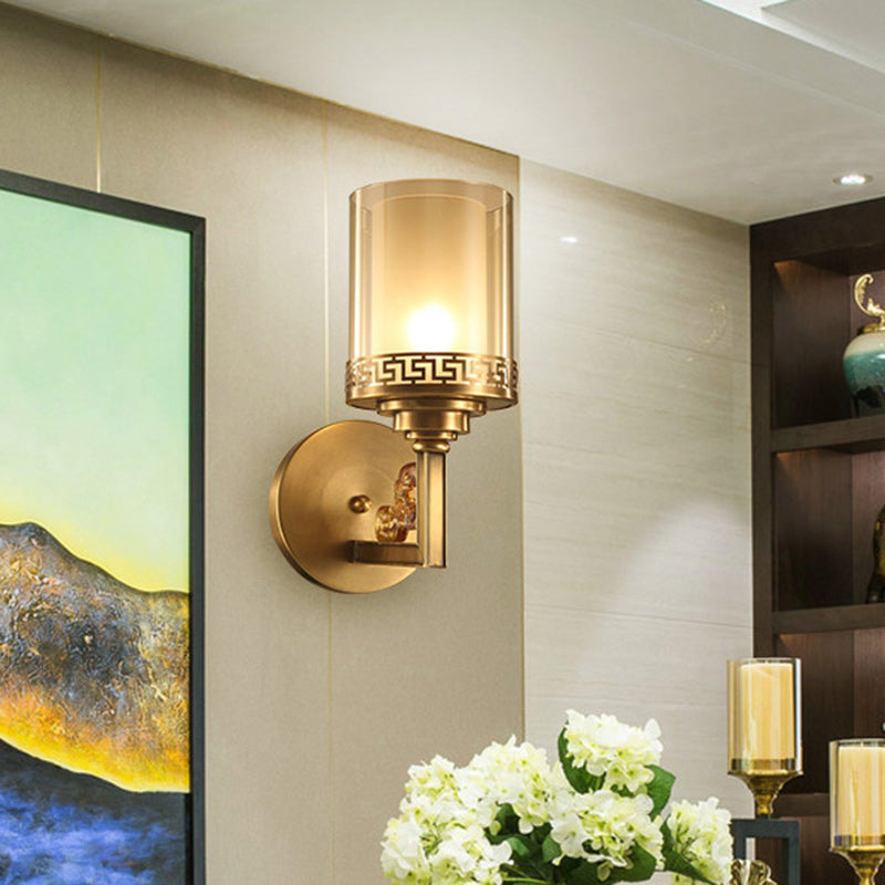 Chinese Curved Glass Brass 1-Light Wall Sconce Lamp