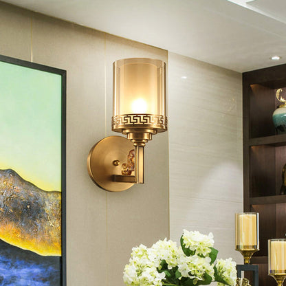 Chinese Curved Glass Brass 1-Light Wall Sconce Lamp