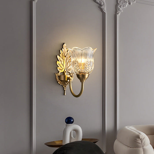 Luxury Floral Leaf Glass Brass 1-Light Wall Sconce Lamp