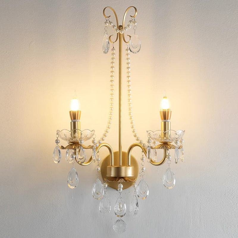 French Faux Pearl Crystal Iron 2-Light Wall Sconce Lamp