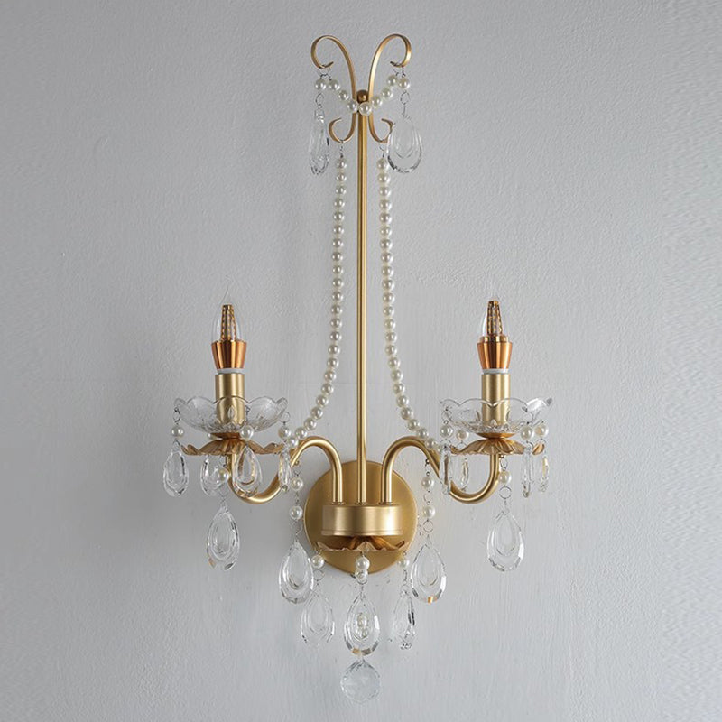 French Faux Pearl Crystal Iron 2-Light Wall Sconce Lamp