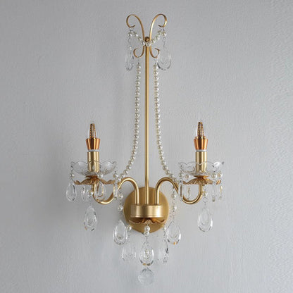 French Faux Pearl Crystal Iron 2-Light Wall Sconce Lamp