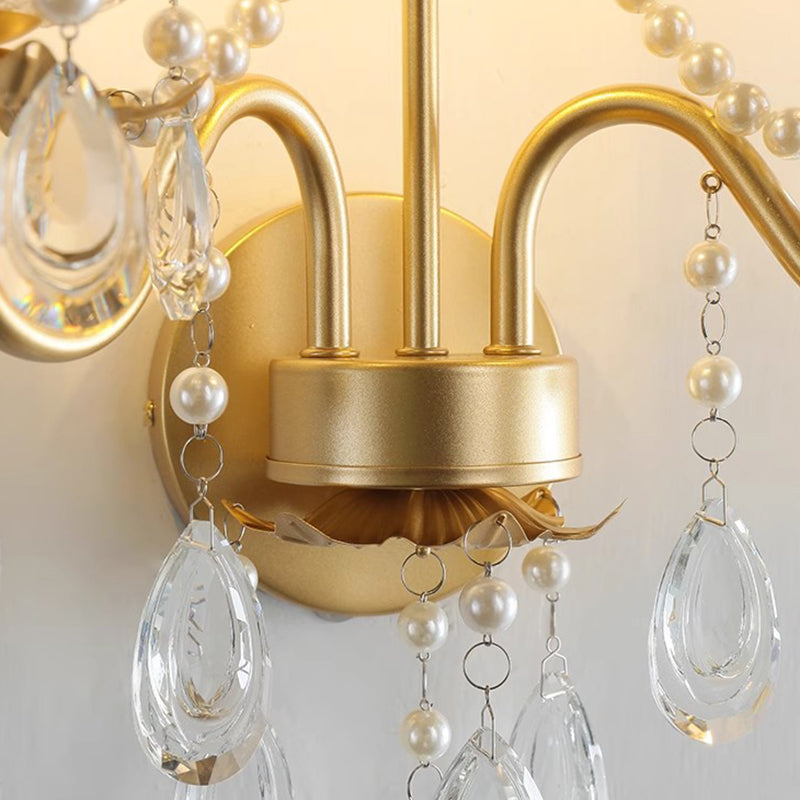French Faux Pearl Crystal Iron 2-Light Wall Sconce Lamp