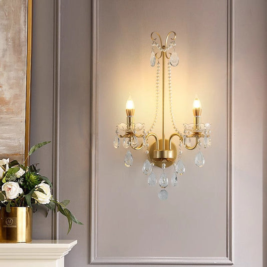 French Faux Pearl Crystal Iron 2-Light Wall Sconce Lamp