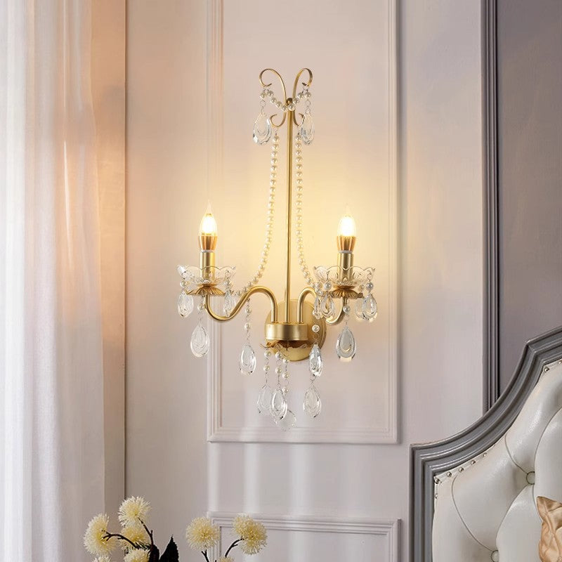 French Faux Pearl Crystal Iron 2-Light Wall Sconce Lamp