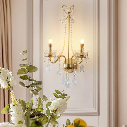 French Faux Pearl Crystal Iron 2-Light Wall Sconce Lamp