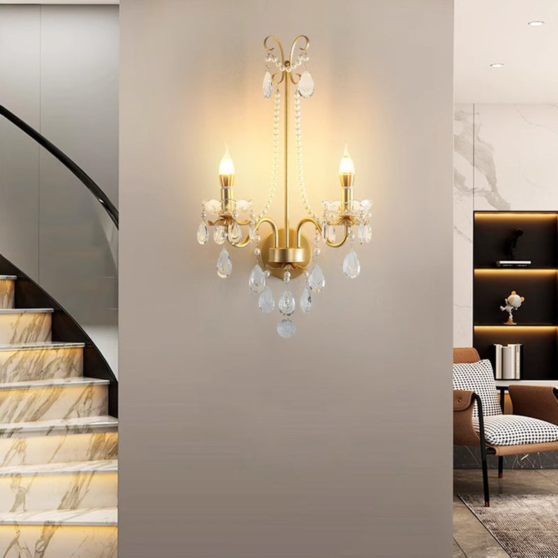 French Faux Pearl Crystal Iron 2-Light Wall Sconce Lamp