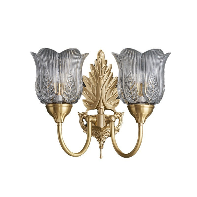 French Leaf Pod Bend Glass Brass 2-Light Wall Sconce Lamp