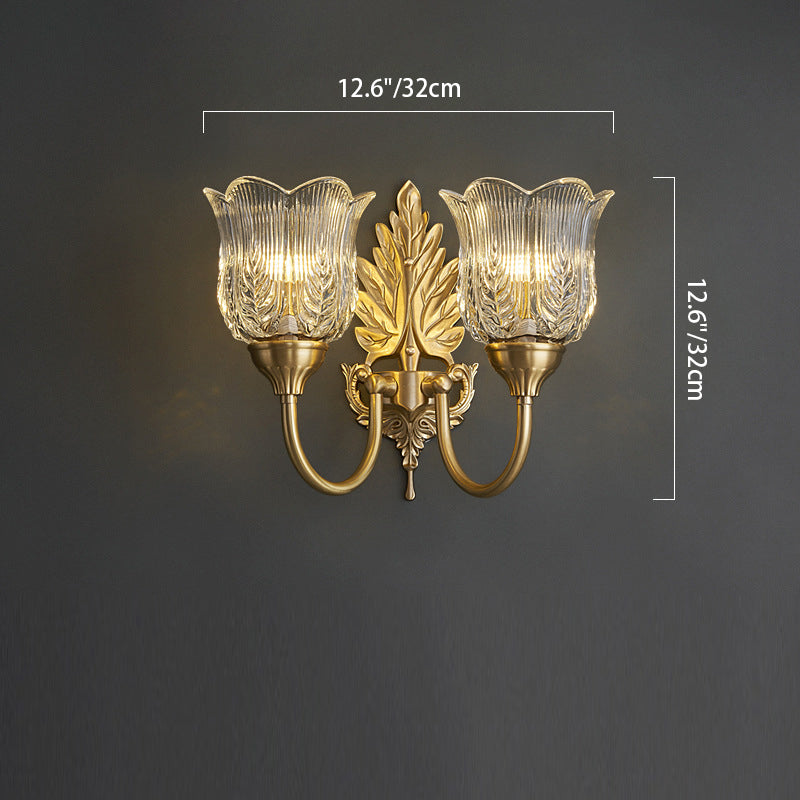 French Leaf Pod Bend Glass Brass 2-Light Wall Sconce Lamp