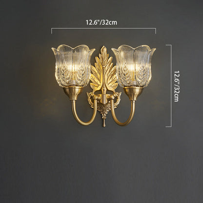 French Leaf Pod Bend Glass Brass 2-Light Wall Sconce Lamp