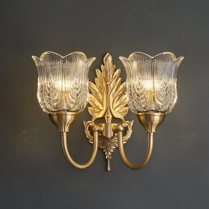 French Leaf Pod Bend Glass Brass 2-Light Wall Sconce Lamp