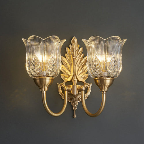 French Leaf Pod Bend Glass Brass 2-Light Wall Sconce Lamp