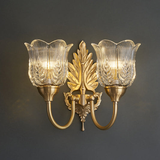 French Leaf Pod Bend Glass Brass 2-Light Wall Sconce Lamp