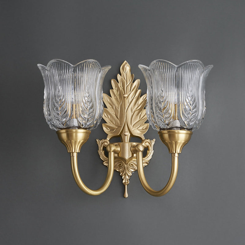 French Leaf Pod Bend Glass Brass 2-Light Wall Sconce Lamp