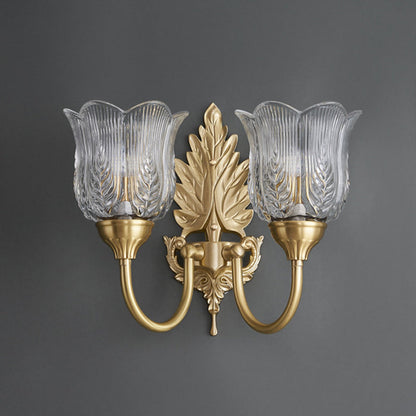French Leaf Pod Bend Glass Brass 2-Light Wall Sconce Lamp