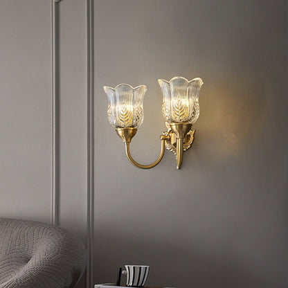French Leaf Pod Bend Glass Brass 2-Light Wall Sconce Lamp