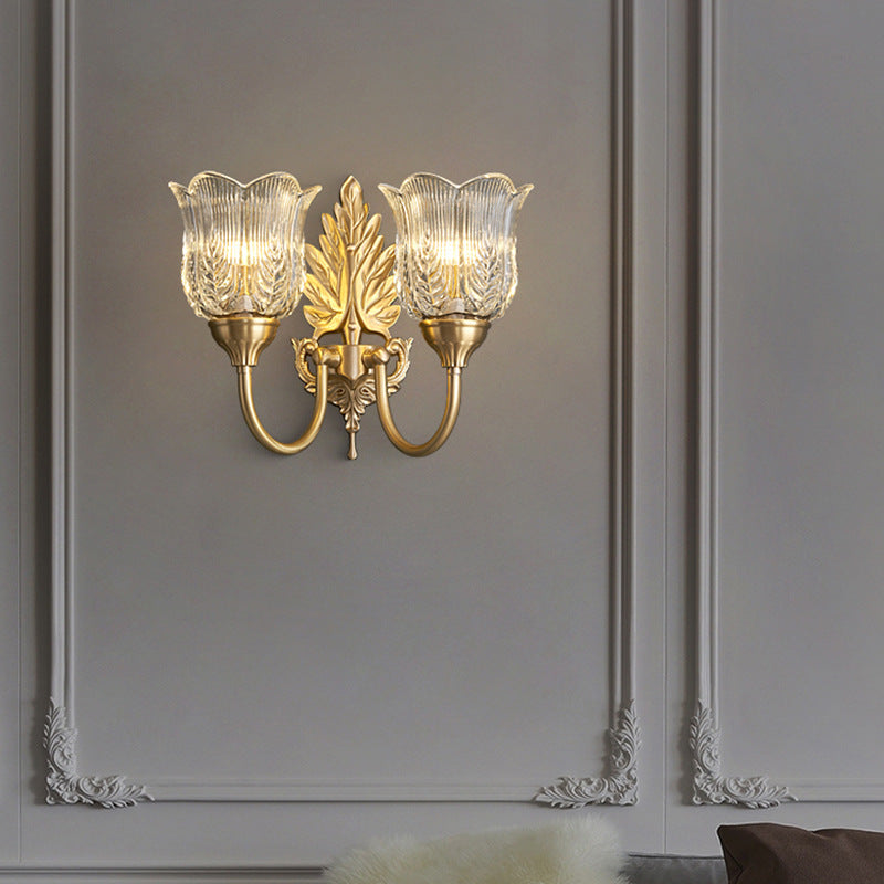 French Leaf Pod Bend Glass Brass 2-Light Wall Sconce Lamp