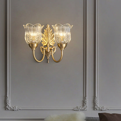 French Leaf Pod Bend Glass Brass 2-Light Wall Sconce Lamp