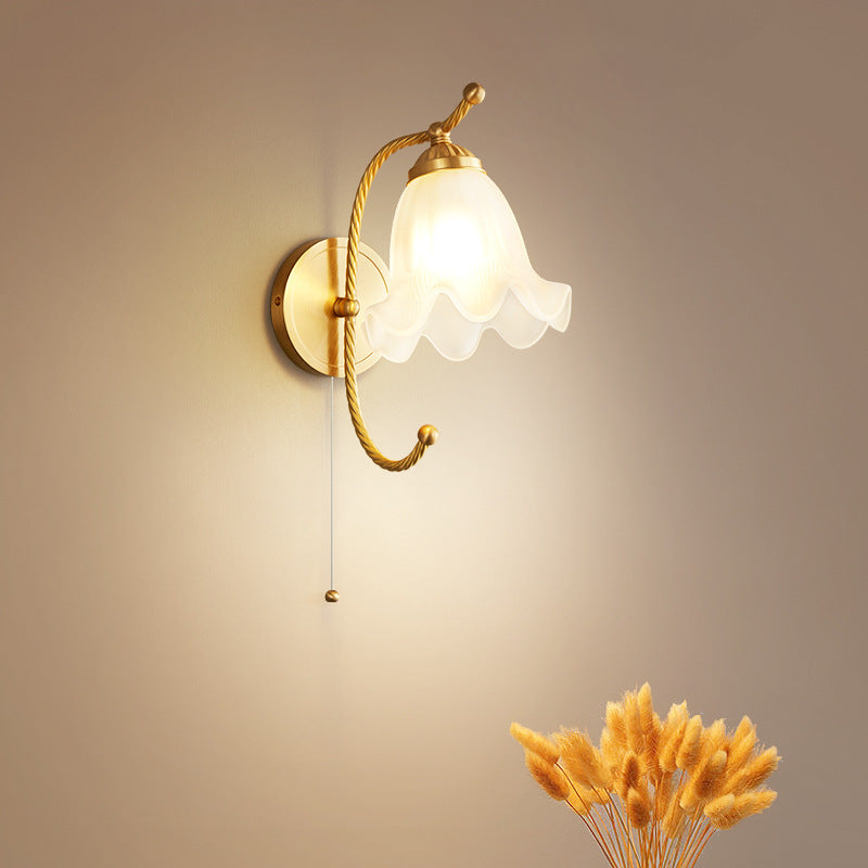 Chinese Floral Glass Marble Copper 1-Light Wall Sconce Lamp