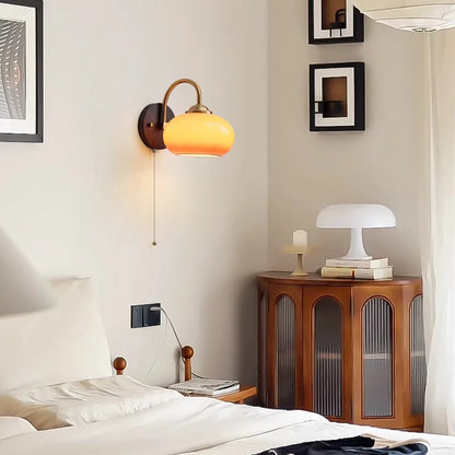 Chinese Curved Glass Ash Wood Iron 1-Light Wall Sconce Lamp