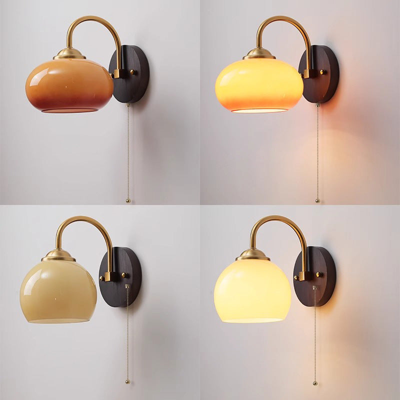 Chinese Curved Glass Ash Wood Iron 1-Light Wall Sconce Lamp