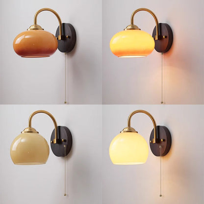 Chinese Curved Glass Ash Wood Iron 1-Light Wall Sconce Lamp