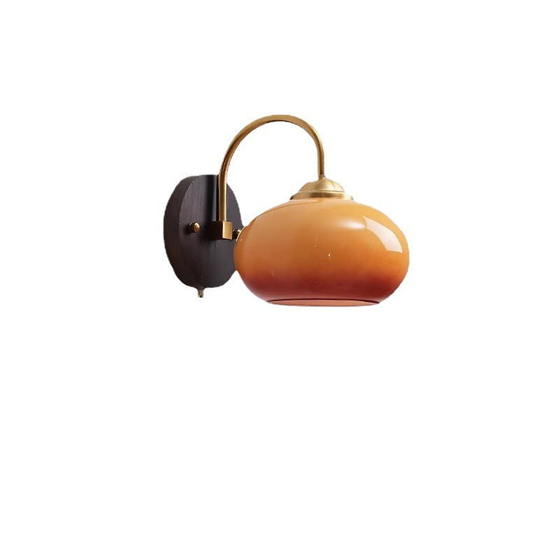 Chinese Curved Glass Ash Wood Iron 1-Light Wall Sconce Lamp